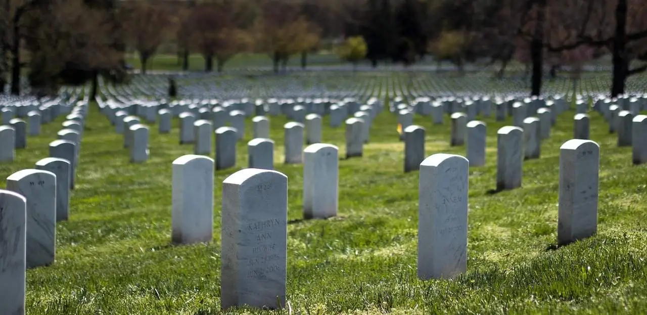 Regular rows of veterans headstones at Arlington cemetery in Virginia