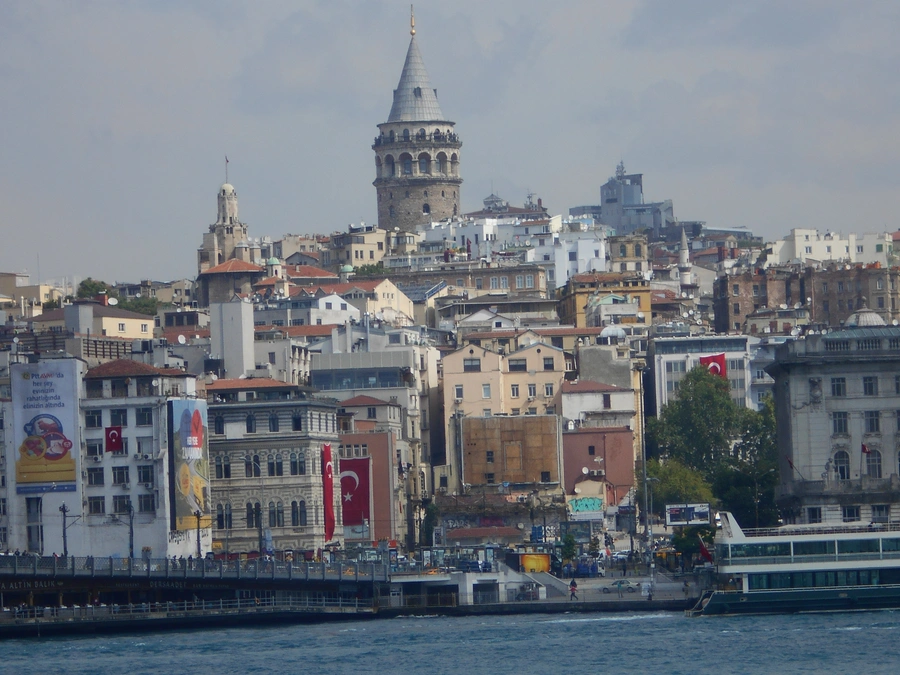 Galata Tower and Galata neighborhood of Istanbul viewed from Eminonu across the Golden Horn