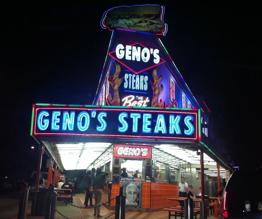 Genos cheesesteak restaurant in Philadelphia at night