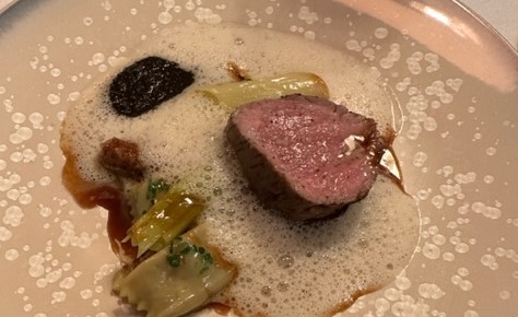 the author's meal at Apicus: leek, filet mignon, and foam