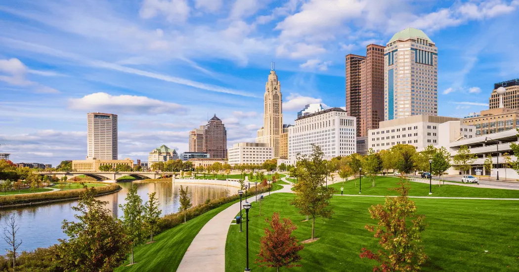 Skyline of Columbus Ohio from the Scioto River bank