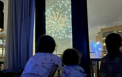 The family is surprised by fireworks display close to the hotel.