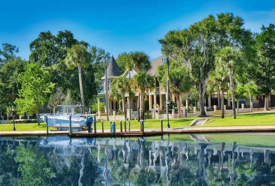 boat dock and Florida mansion on inland waterway