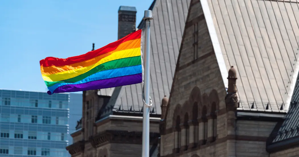 A Pride flag on display in Toronto, Canada during Pride Month
